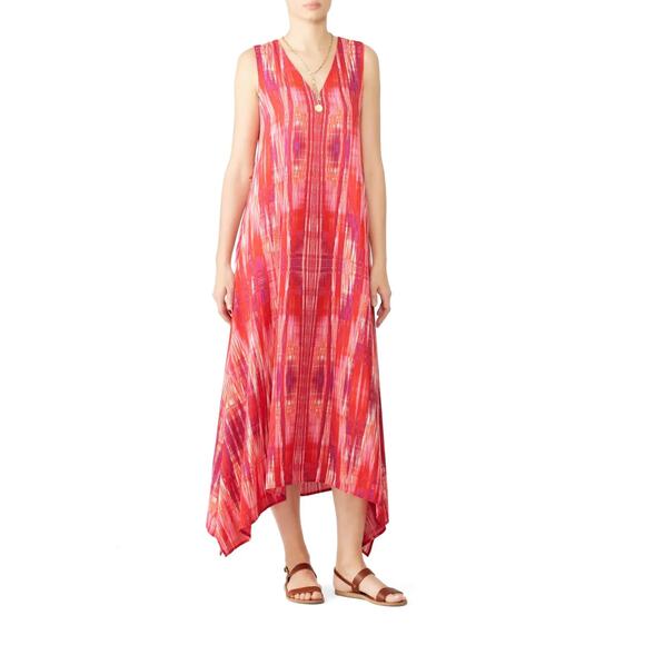 Natori Dresses & Skirts - Natori Dress Women Large Pink Sleeveless V Neck Midi Flowy Resort Abstract Artsy